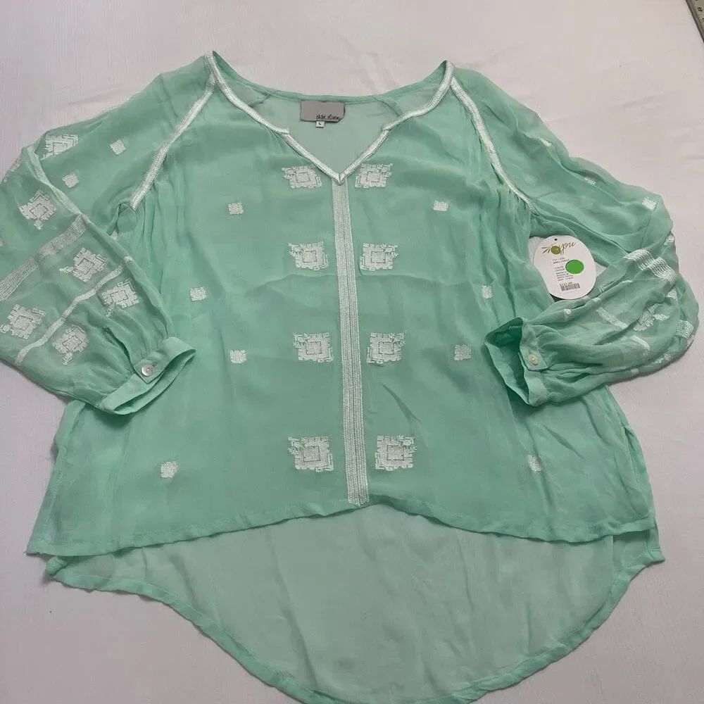NWT Chloe Oliver Anthropologie Monica Blouse Embroidered Mint Top Size Large New